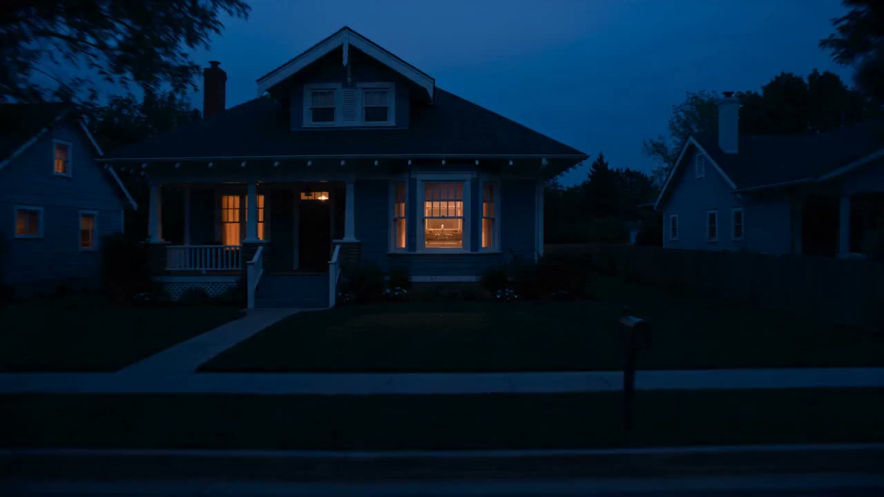 A dark Austin house at dusk, one kitchen window glowing warm